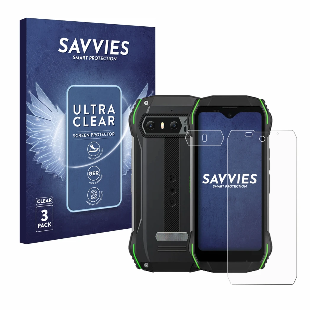 Parte frontale di una confezione del prodotto con il logo del marchio Savvies. Accanto è raffigurato il dispositivo Blackview 