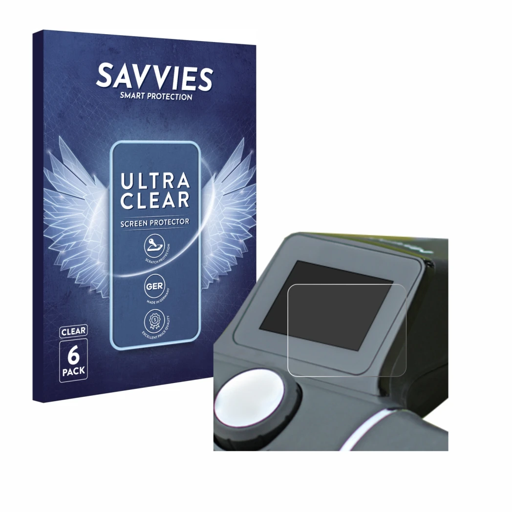 Parte frontale di una confezione del prodotto con il logo del marchio Savvies. Accanto è raffigurato il dispositivo Motocaddy 