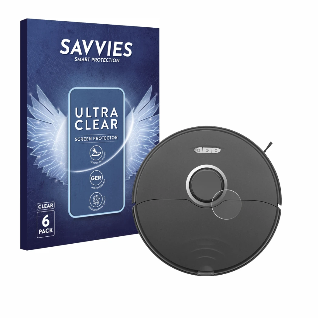 Parte frontale di una confezione del prodotto con il logo del marchio Savvies. Accanto è raffigurato il dispositivo Roborock S