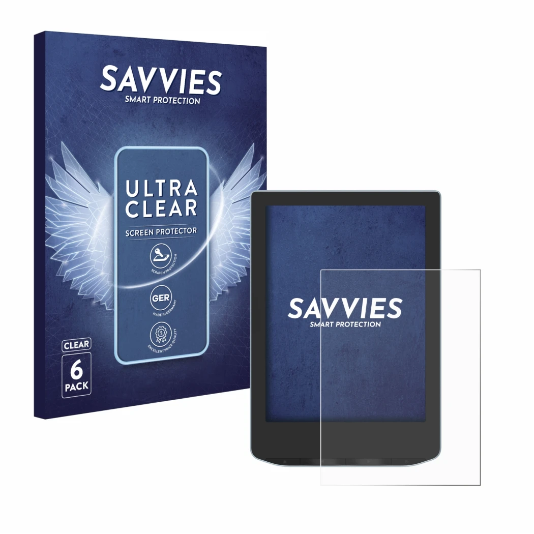 Parte frontale di una confezione del prodotto con il logo del marchio Savvies. Accanto è raffigurato il dispositivo PocketBook