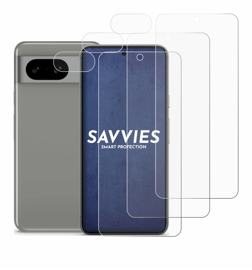 Immagine del dispositivo Google Pixel 8 (Fronte+Fotocamera) con un'ampia varietà di protezioni per lo schermo.