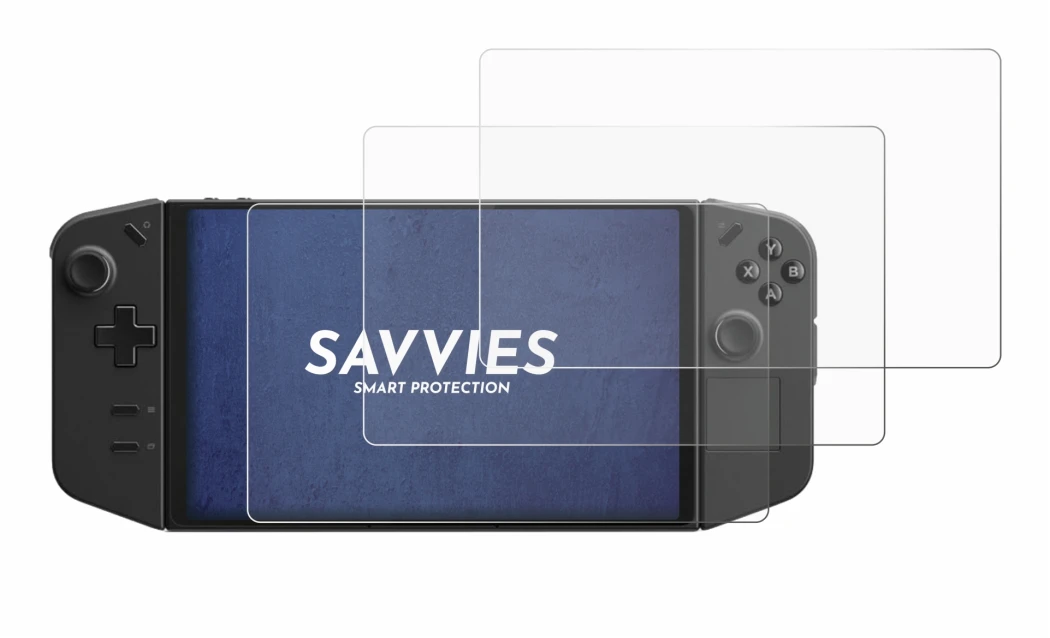 Immagine del dispositivo Lenovo Legion Go con un'ampia varietà di protezioni per lo schermo.