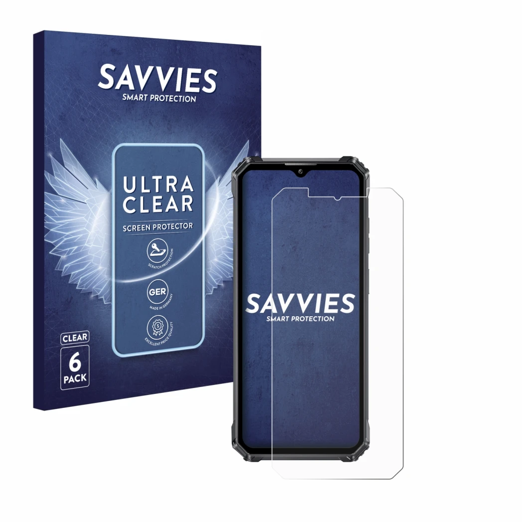 Parte frontale di una confezione del prodotto con il logo del marchio Savvies. Accanto è raffigurato il dispositivo Oukitel WP