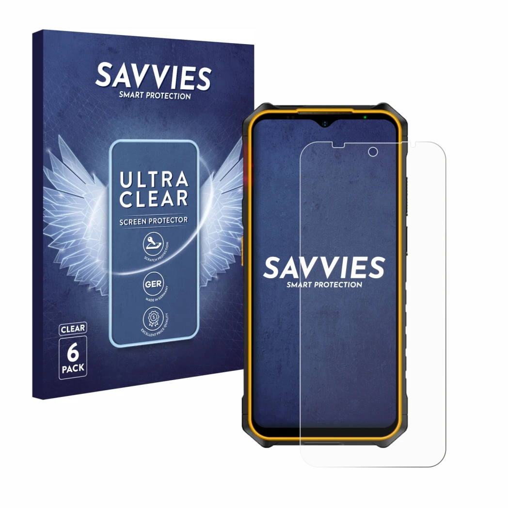 Parte frontale di una confezione del prodotto con il logo del marchio Savvies. Accanto è raffigurato il dispositivo Ulefone Ar