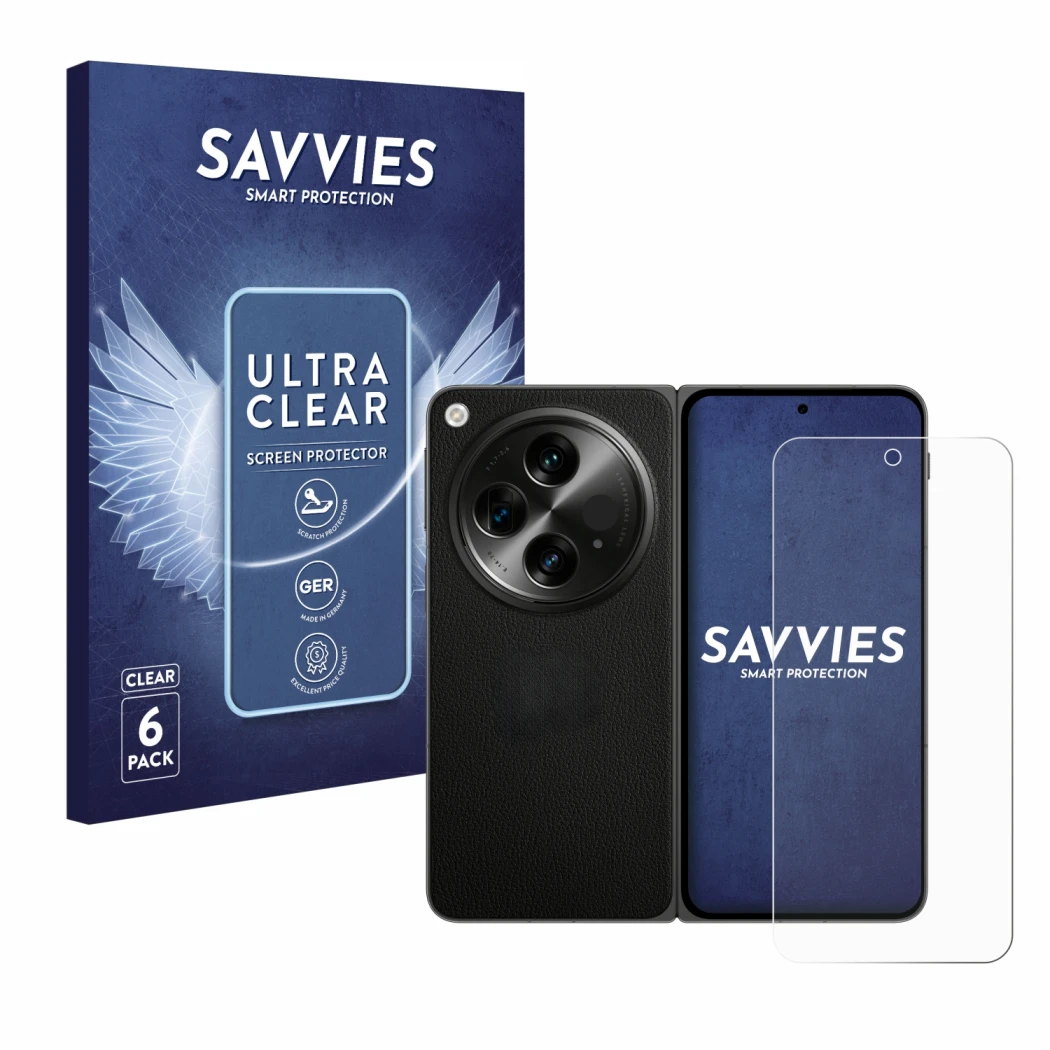 Parte frontale di una confezione del prodotto con il logo del marchio Savvies. Accanto è raffigurato il dispositivo OnePlus Op