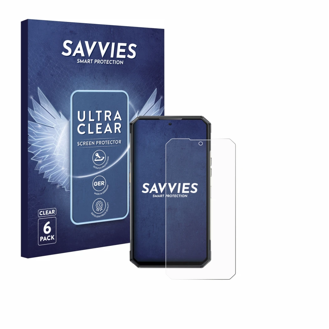 Parte frontale di una confezione del prodotto con il logo del marchio Savvies. Accanto è raffigurato il dispositivo Oukitel WP