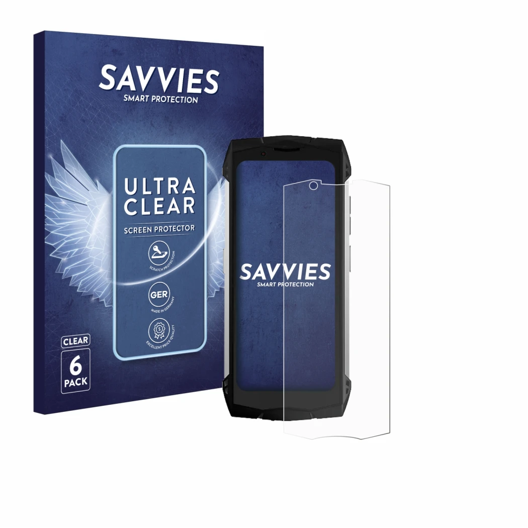 Parte frontale di una confezione del prodotto con il logo del marchio Savvies. Accanto è raffigurato il dispositivo Doogee S M