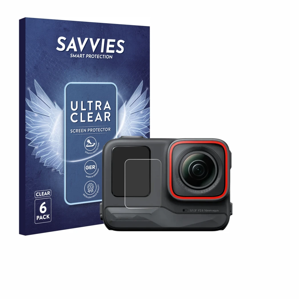 Parte frontale di una confezione del prodotto con il logo del marchio Savvies. Accanto è raffigurato il dispositivo Insta360 A