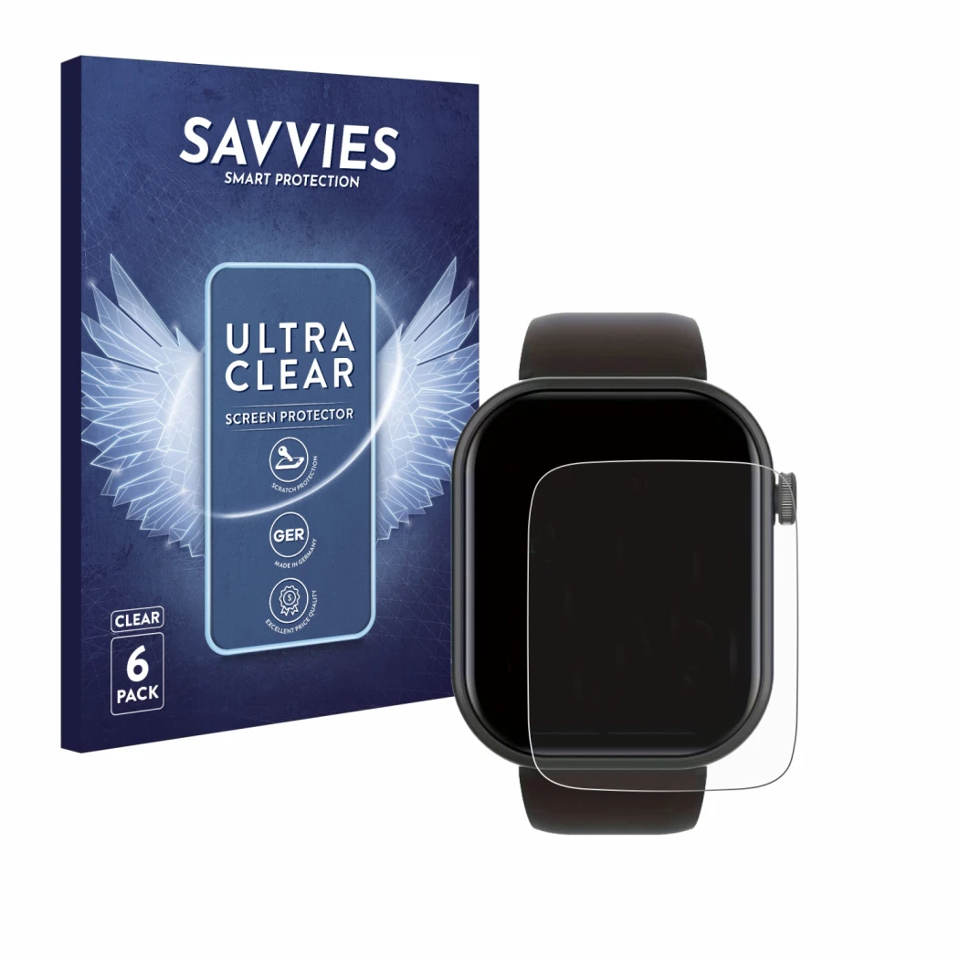 Parte frontale di una confezione del prodotto con il logo del marchio Savvies. Accanto è raffigurato il dispositivo Smartwatch
