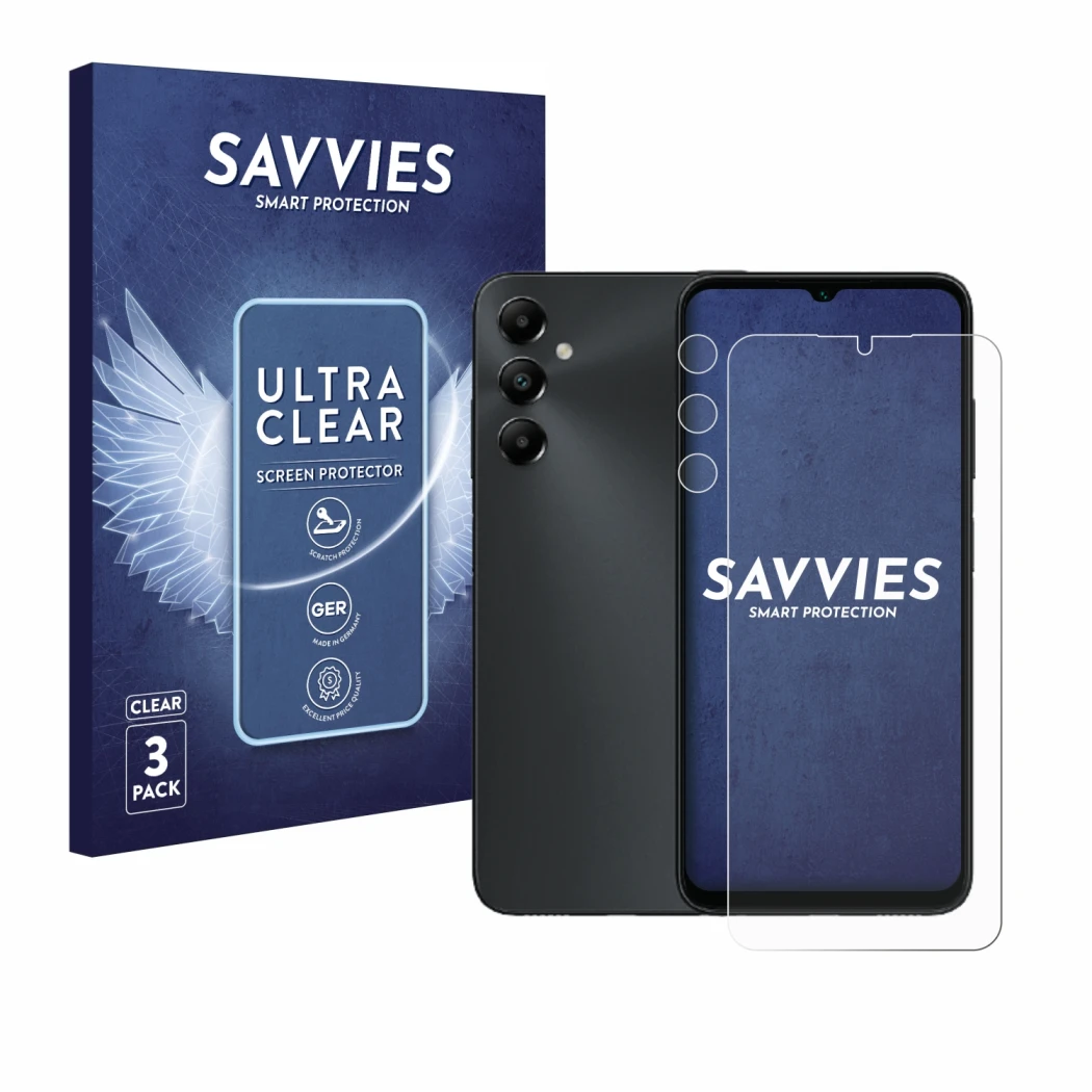 Parte frontale di una confezione del prodotto con il logo del marchio Savvies. Accanto è raffigurato il dispositivo Samsung Ga
