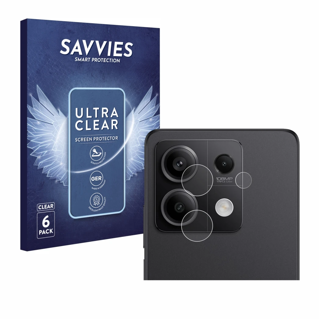 Parte frontale di una confezione del prodotto con il logo del marchio Savvies. Accanto è raffigurato il dispositivo Xiaomi Red