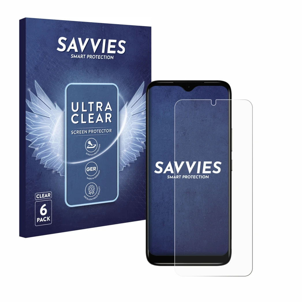 Parte frontale di una confezione del prodotto con il logo del marchio Savvies. Accanto è raffigurato il dispositivo Nokia C12 