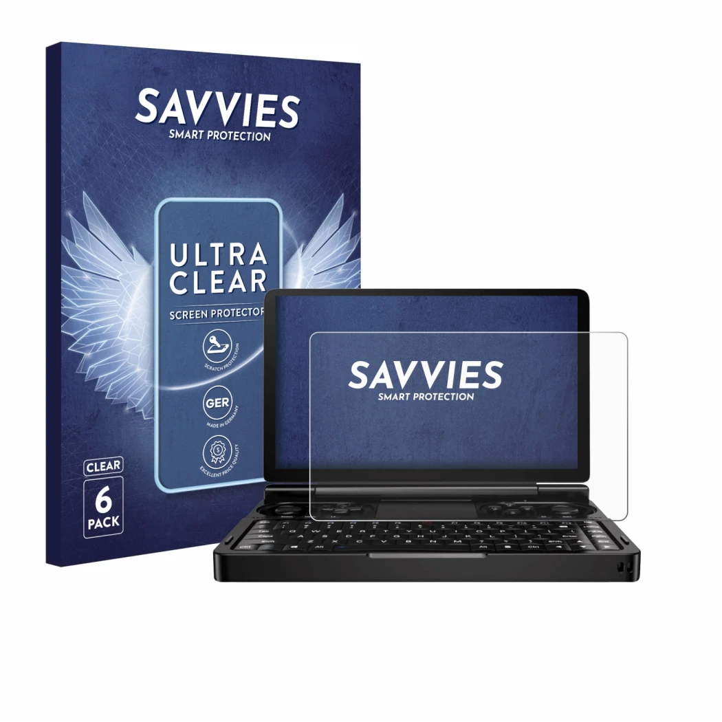 Parte frontale di una confezione del prodotto con il logo del marchio Savvies. Accanto è raffigurato il dispositivo GPD Win Mi