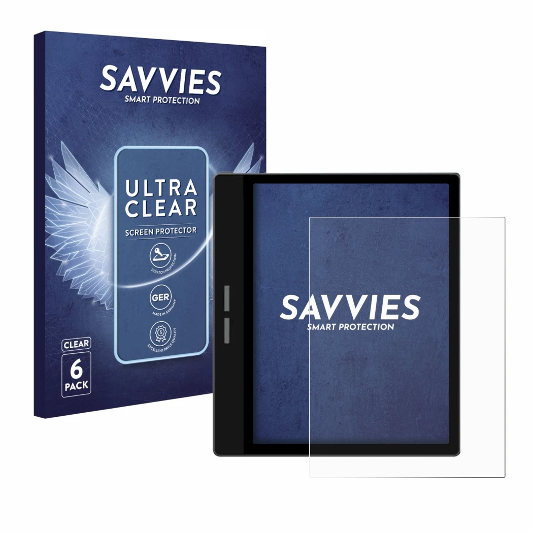Parte frontale di una confezione del prodotto con il logo del marchio Savvies. Accanto è raffigurato il dispositivo Bigme B751