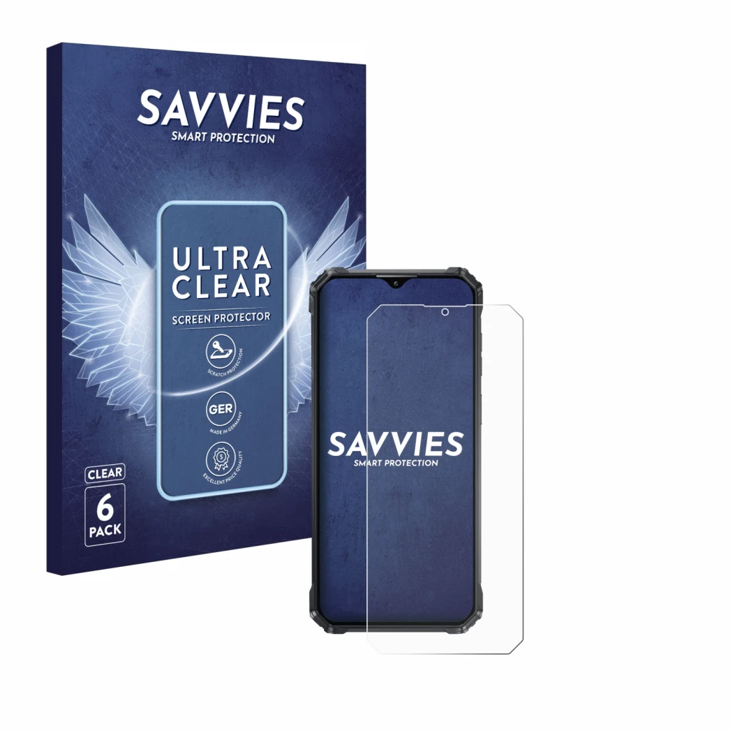 Parte frontale di una confezione del prodotto con il logo del marchio Savvies. Accanto è raffigurato il dispositivo Oukitel WP