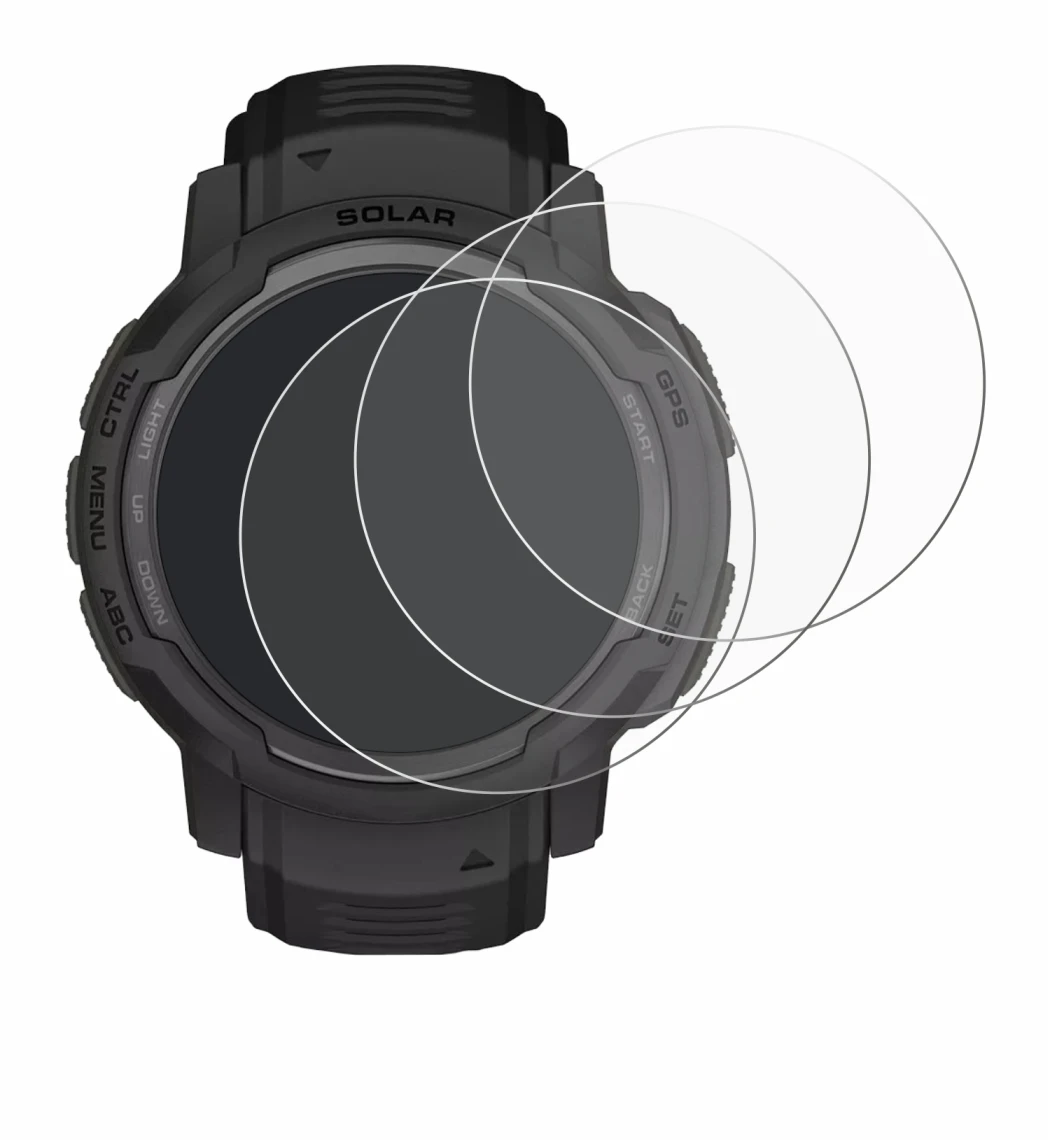 Immagine del dispositivo Garmin Instinct Crossover Solar con un'ampia varietà di protezioni per lo schermo.
