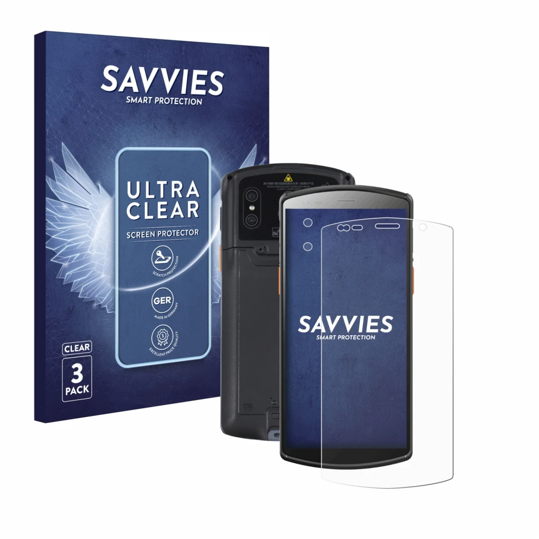 Parte frontale di una confezione del prodotto con il logo del marchio Savvies. Accanto è raffigurato il dispositivo Urovo DT50