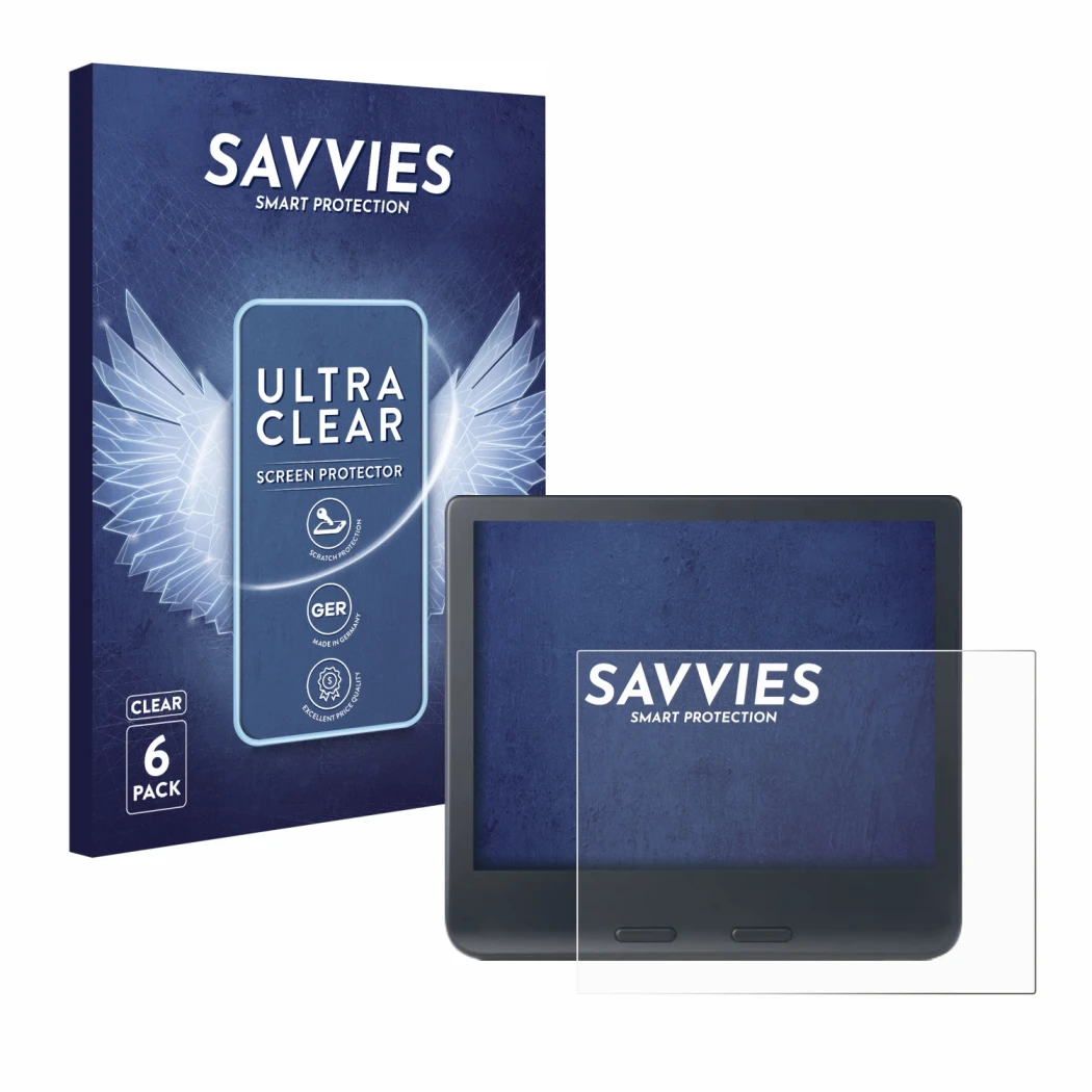 Parte frontale di una confezione del prodotto con il logo del marchio Savvies. Accanto è raffigurato il dispositivo Kobo Libra