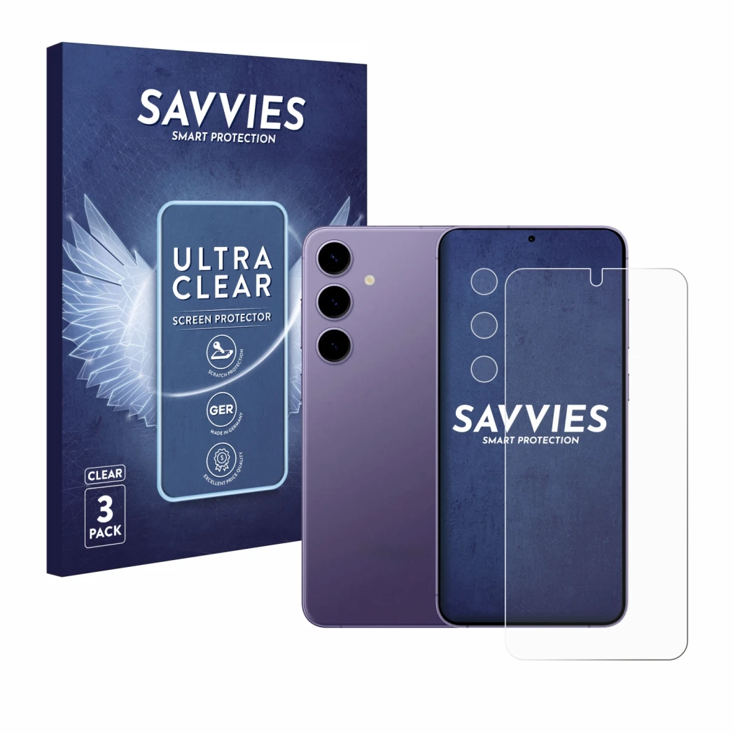 Parte frontale di una confezione del prodotto con il logo del marchio Savvies. Accanto è raffigurato il dispositivo Samsung Ga