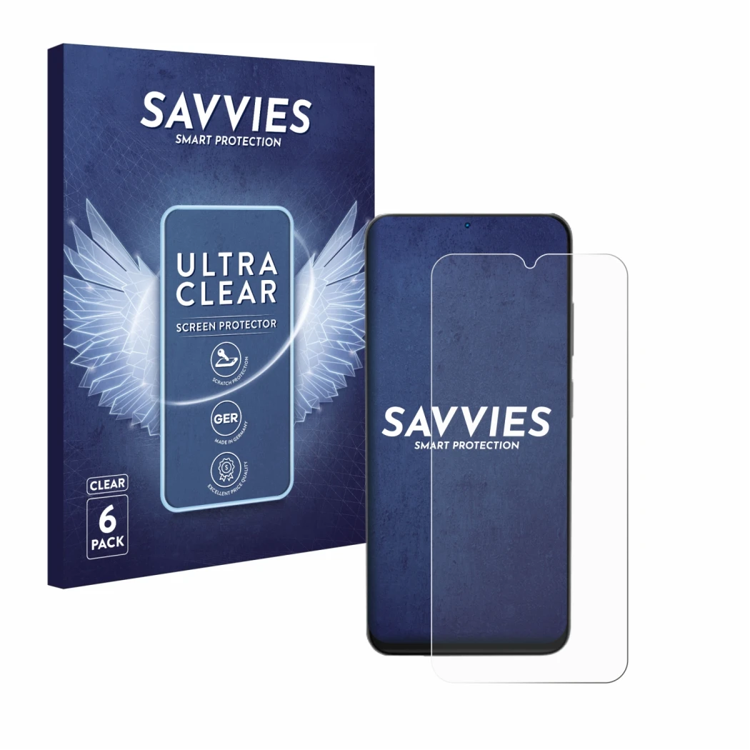 Parte frontale di una confezione del prodotto con il logo del marchio Savvies. Accanto è raffigurato il dispositivo Doogee N55