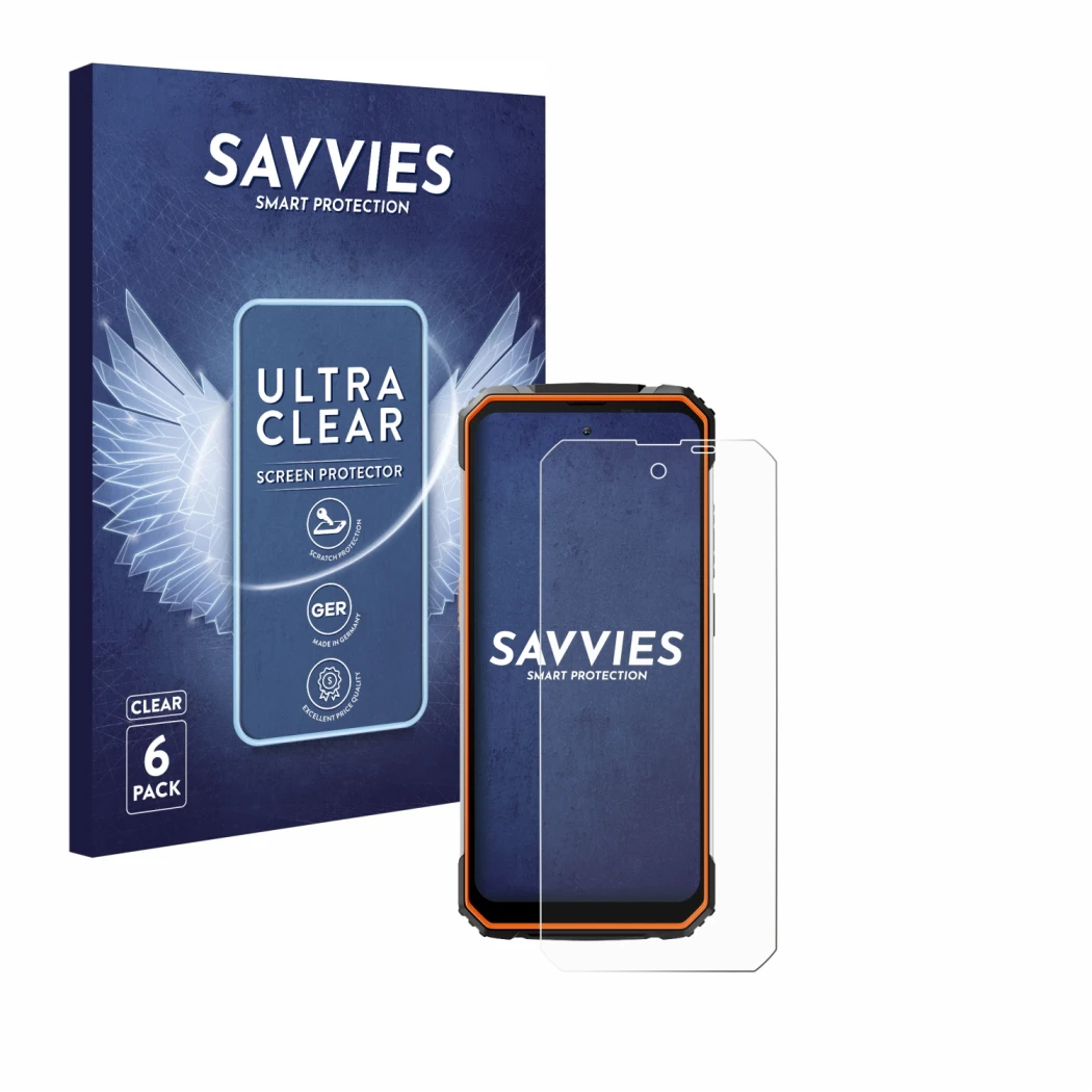 Parte frontale di una confezione del prodotto con il logo del marchio Savvies. Accanto è raffigurato il dispositivo Blackview 