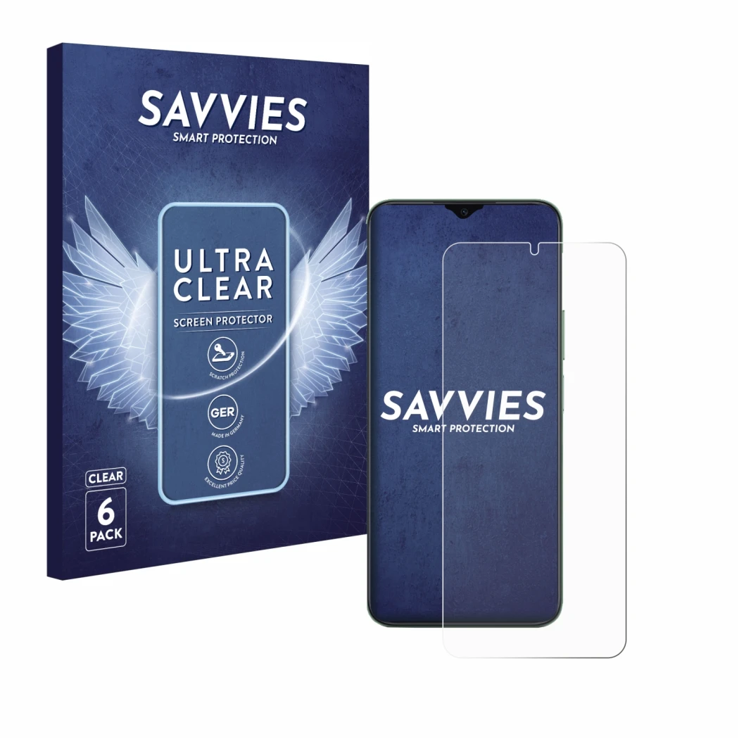 Parte frontale di una confezione del prodotto con il logo del marchio Savvies. Accanto è raffigurato il dispositivo Honor X6b 