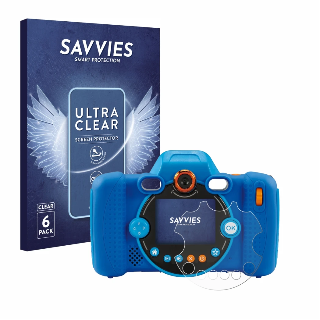 Parte frontale di una confezione del prodotto con il logo del marchio Savvies. Accanto è raffigurato il dispositivo Vtech Kidi