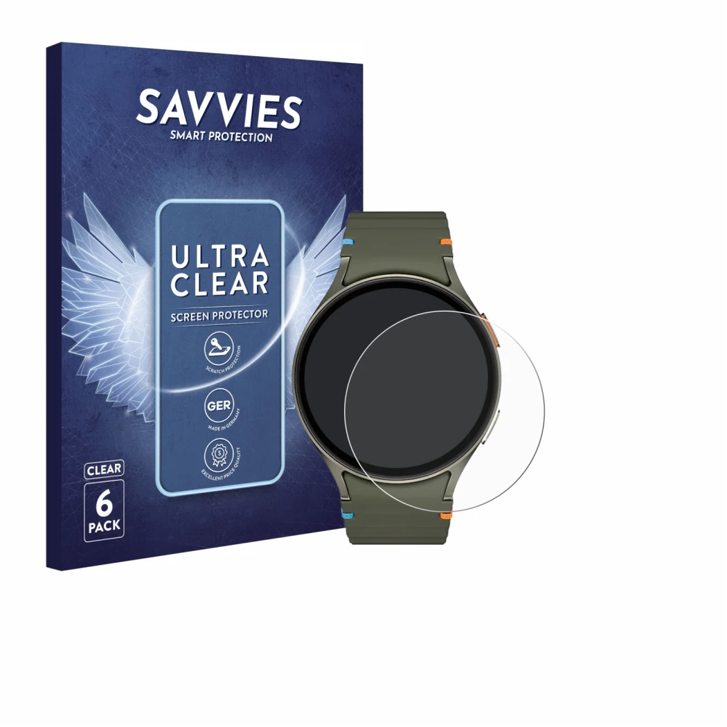 Parte frontale di una confezione del prodotto con il logo del marchio Savvies. Accanto è raffigurato il dispositivo Samsung Ga