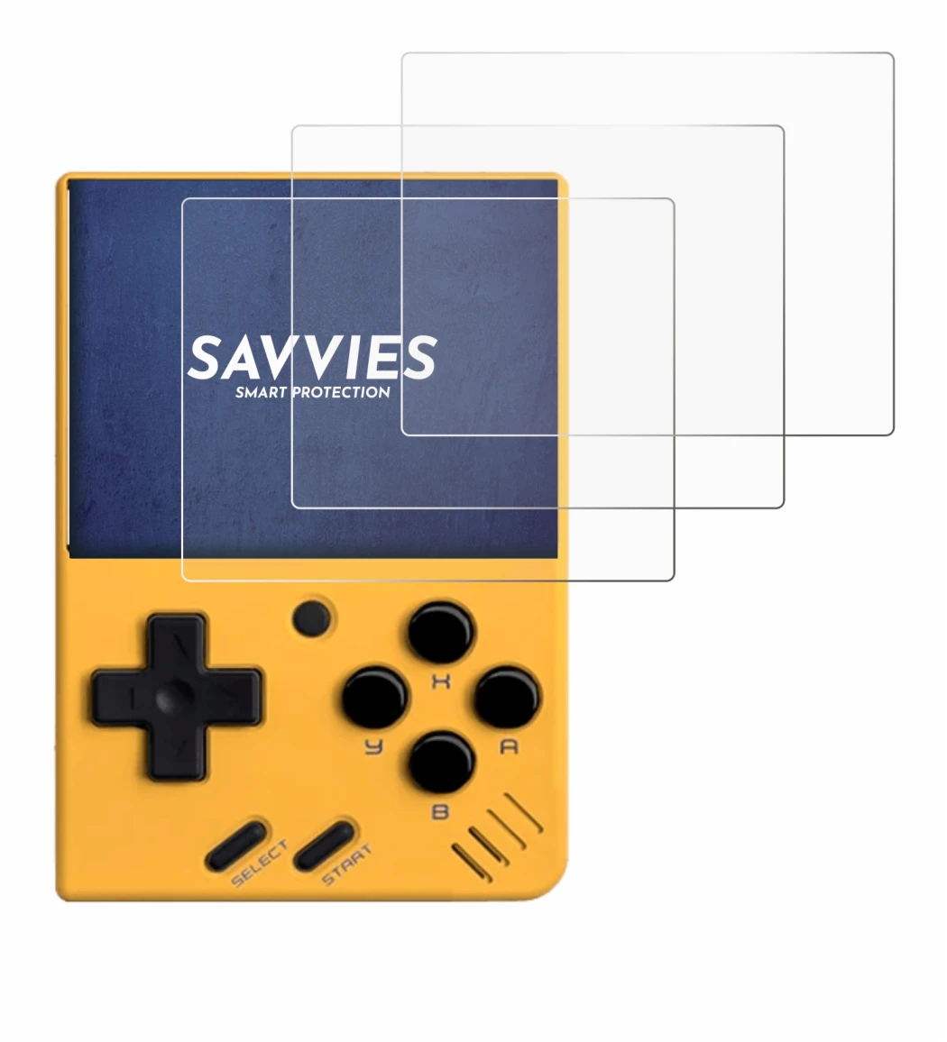 Immagine del dispositivo Miyoo Mini V4 con un'ampia varietà di protezioni per lo schermo.