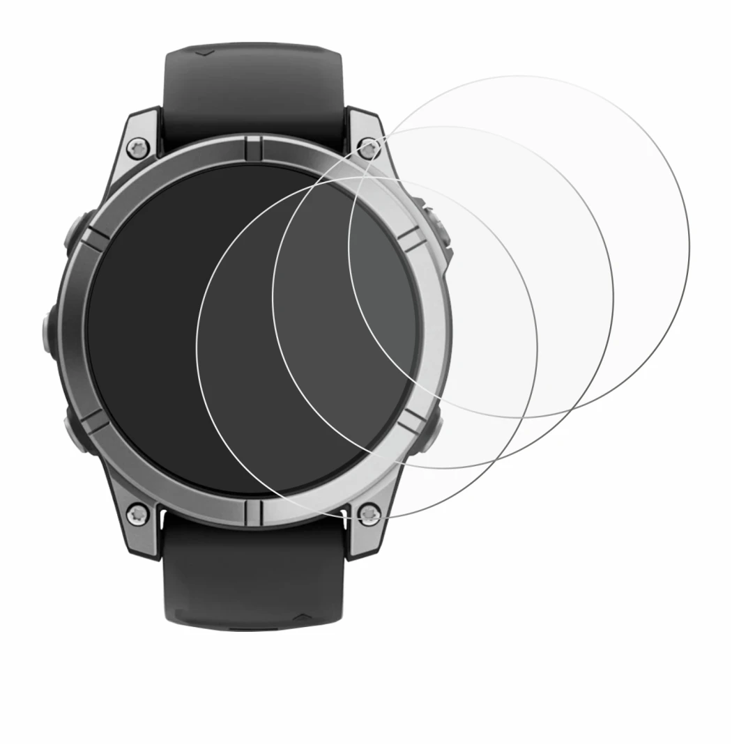 Immagine del dispositivo Garmin Fenix E con un'ampia varietà di protezioni per lo schermo.