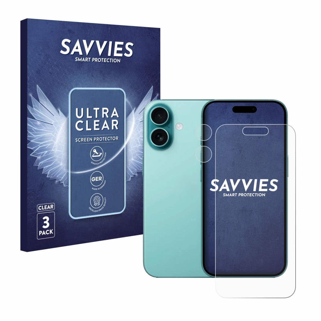 Parte frontale di una confezione del prodotto con il logo del marchio Savvies. Accanto è raffigurato il dispositivo Apple iPho