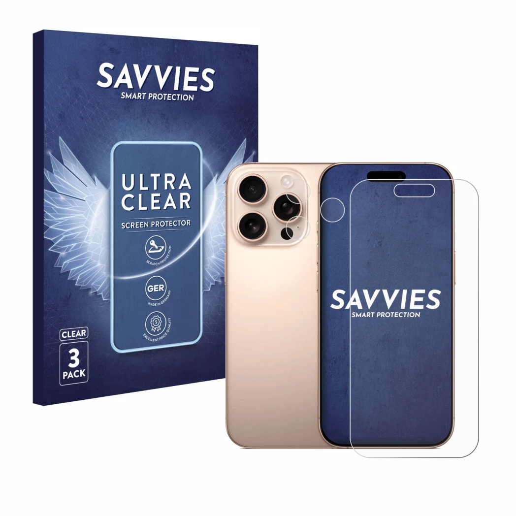Parte frontale di una confezione del prodotto con il logo del marchio Savvies. Accanto è raffigurato il dispositivo Apple iPho