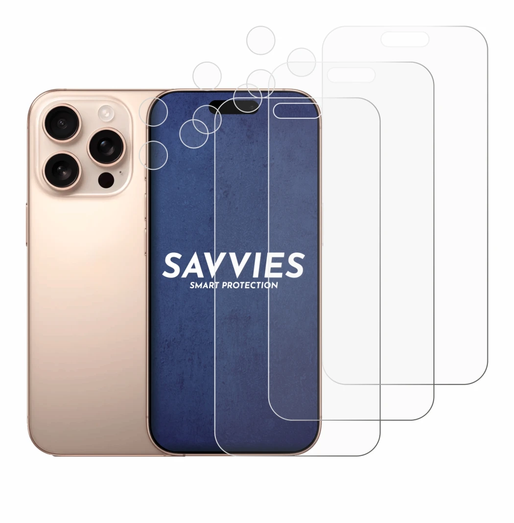 Immagine del dispositivo Apple iPhone 16 Pro Max (Fronte+Fotocamera) con un'ampia varietà di protezioni per lo schermo.