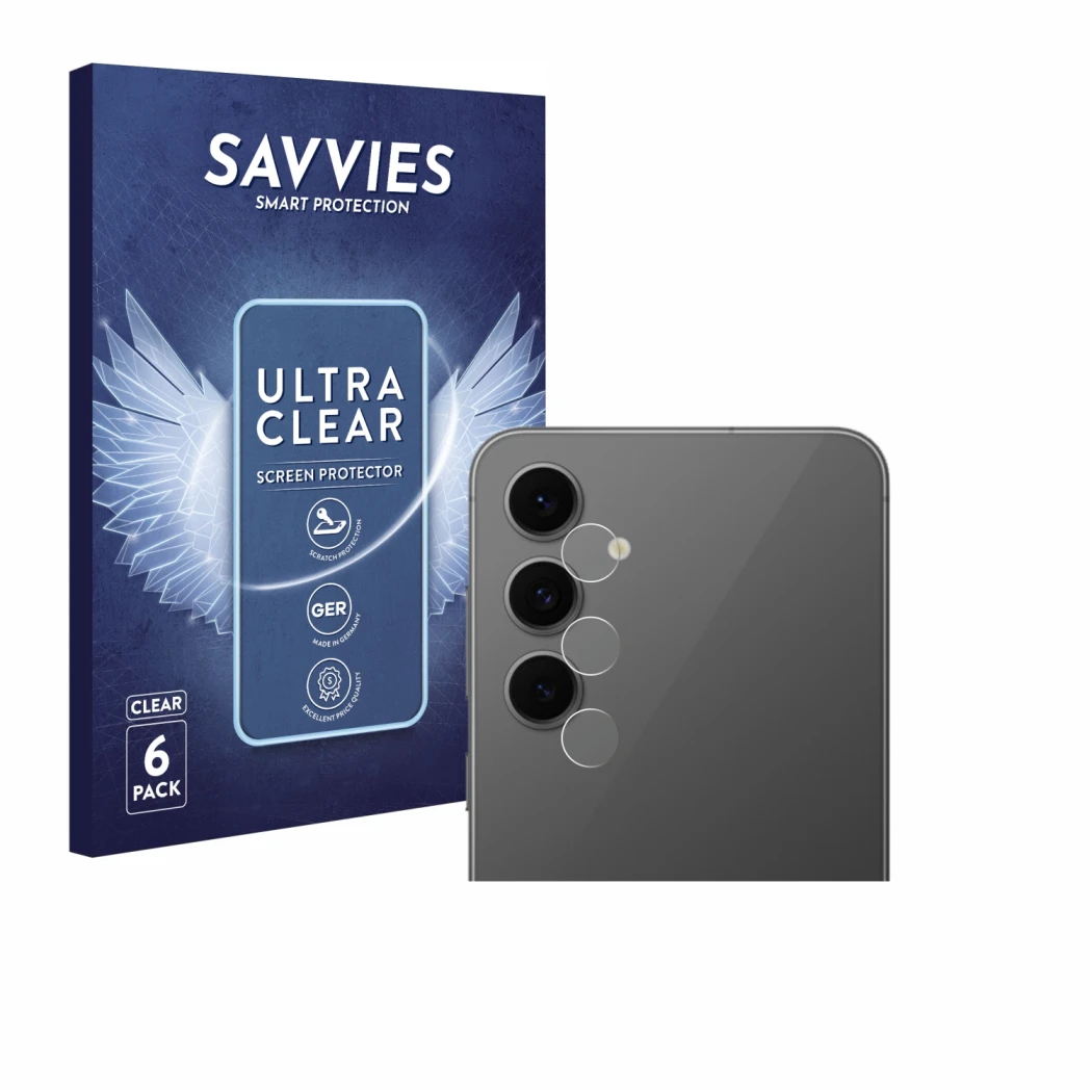 Parte frontale di una confezione del prodotto con il logo del marchio Savvies. Accanto è raffigurato il dispositivo Samsung Ga