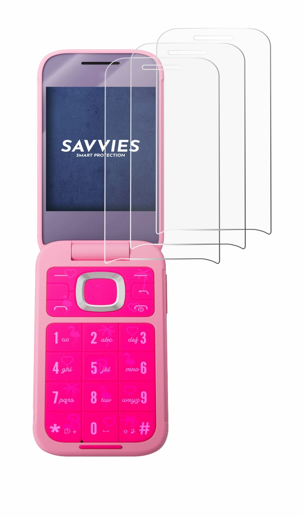 Immagine del dispositivo HMD Barbie Phone con un'ampia varietà di protezioni per lo schermo.