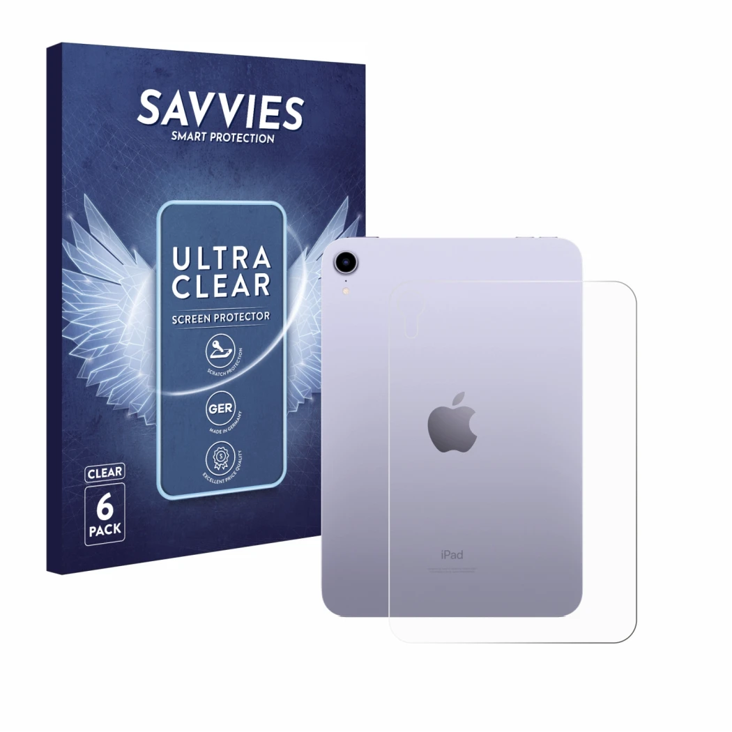 Parte frontale di una confezione del prodotto con il logo del marchio Savvies. Accanto è raffigurato il dispositivo Apple iPad