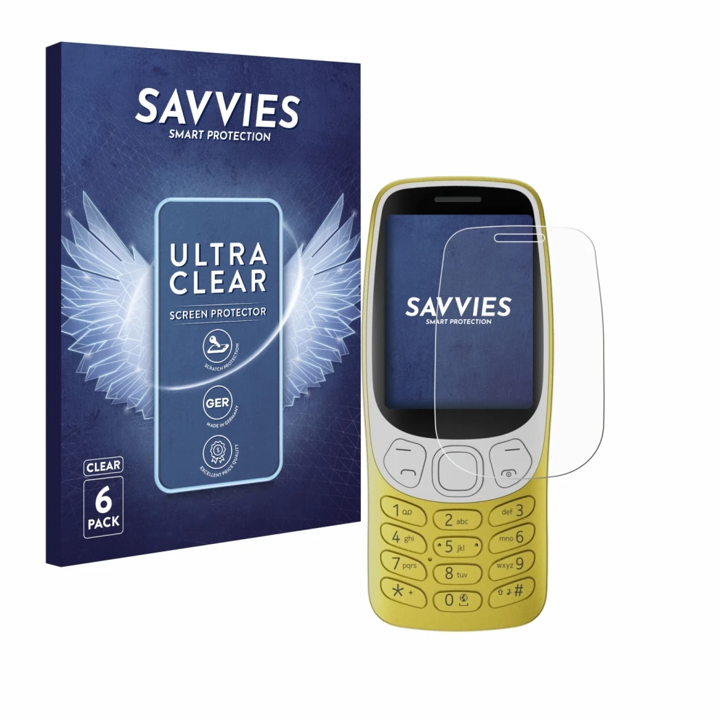 Parte frontale di una confezione del prodotto con il logo del marchio Savvies. Accanto è raffigurato il dispositivo Nokia 3210