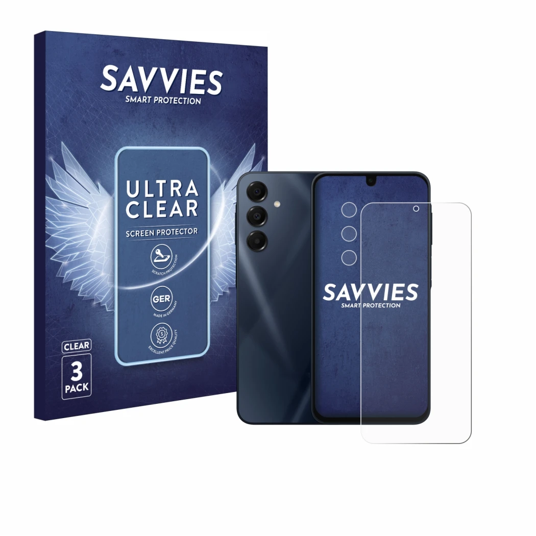 Parte frontale di una confezione del prodotto con il logo del marchio Savvies. Accanto è raffigurato il dispositivo Samsung Ga