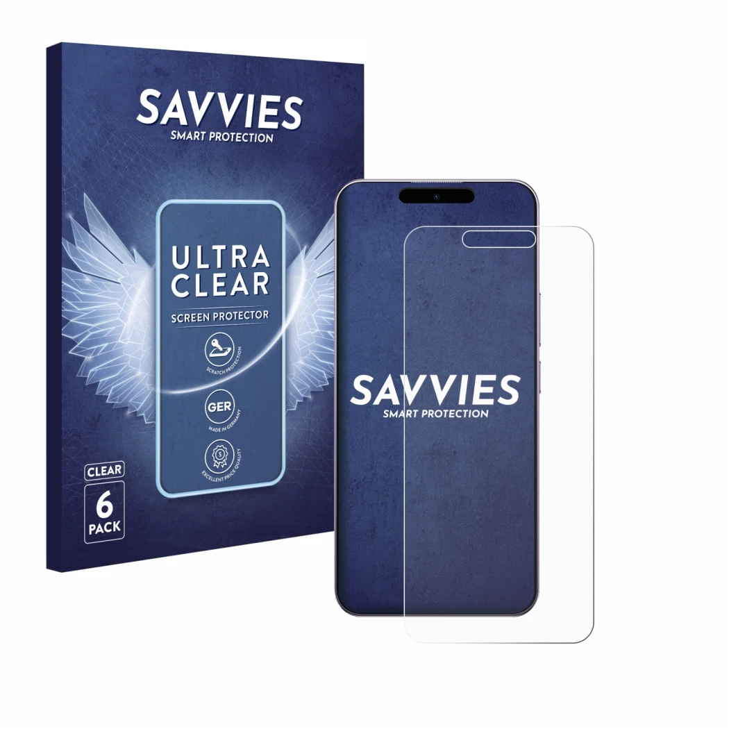 Parte frontale di una confezione del prodotto con il logo del marchio Savvies. Accanto è raffigurato il dispositivo Oukitel P1