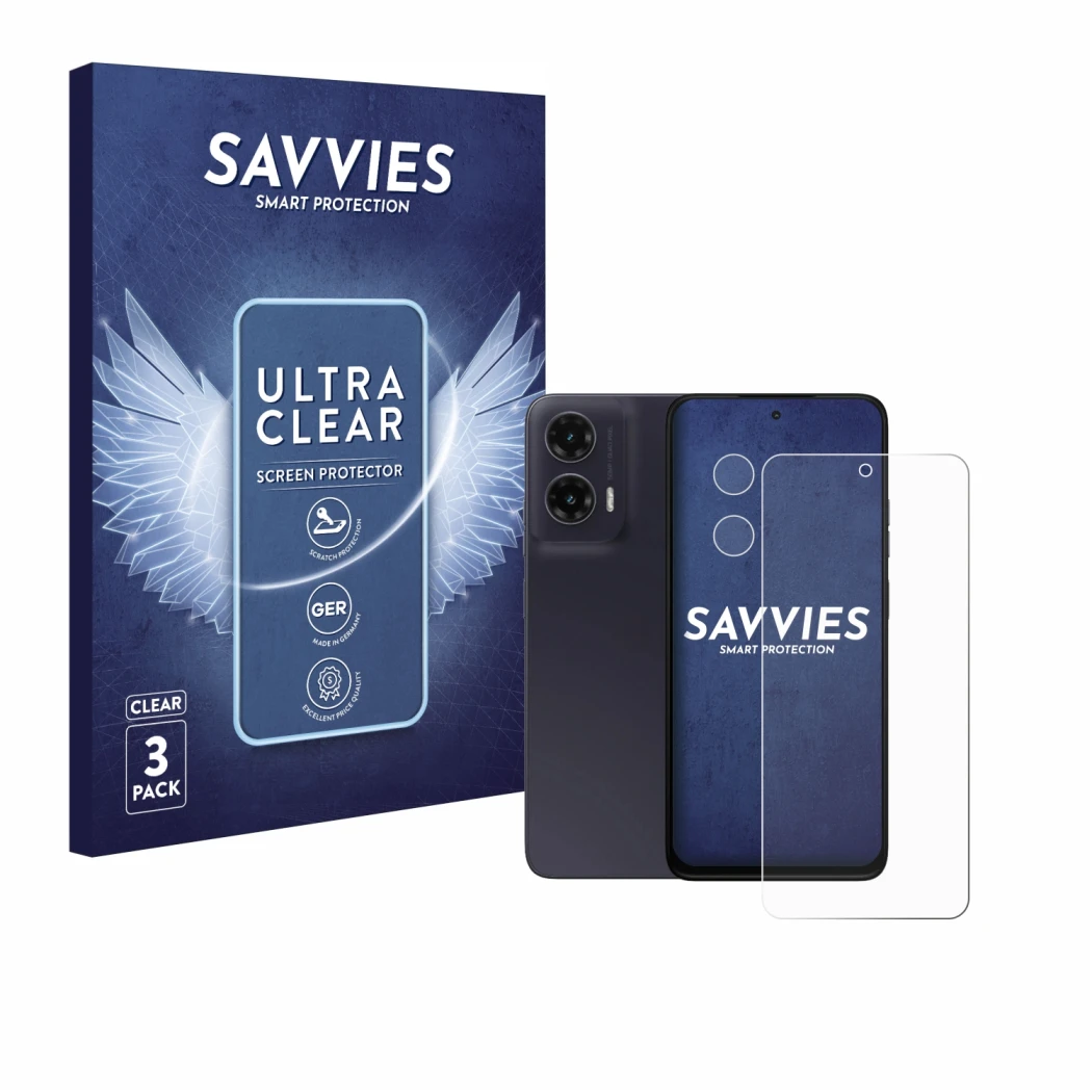 Parte frontale di una confezione del prodotto con il logo del marchio Savvies. Accanto è raffigurato il dispositivo Motorola M