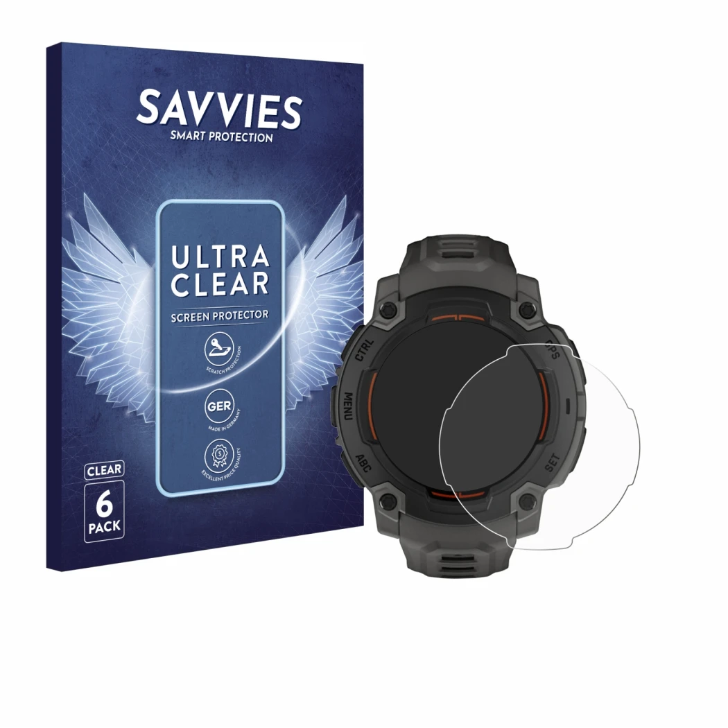 Parte frontale di una confezione del prodotto con il logo del marchio Savvies. Accanto è raffigurato il dispositivo Garmin Ins