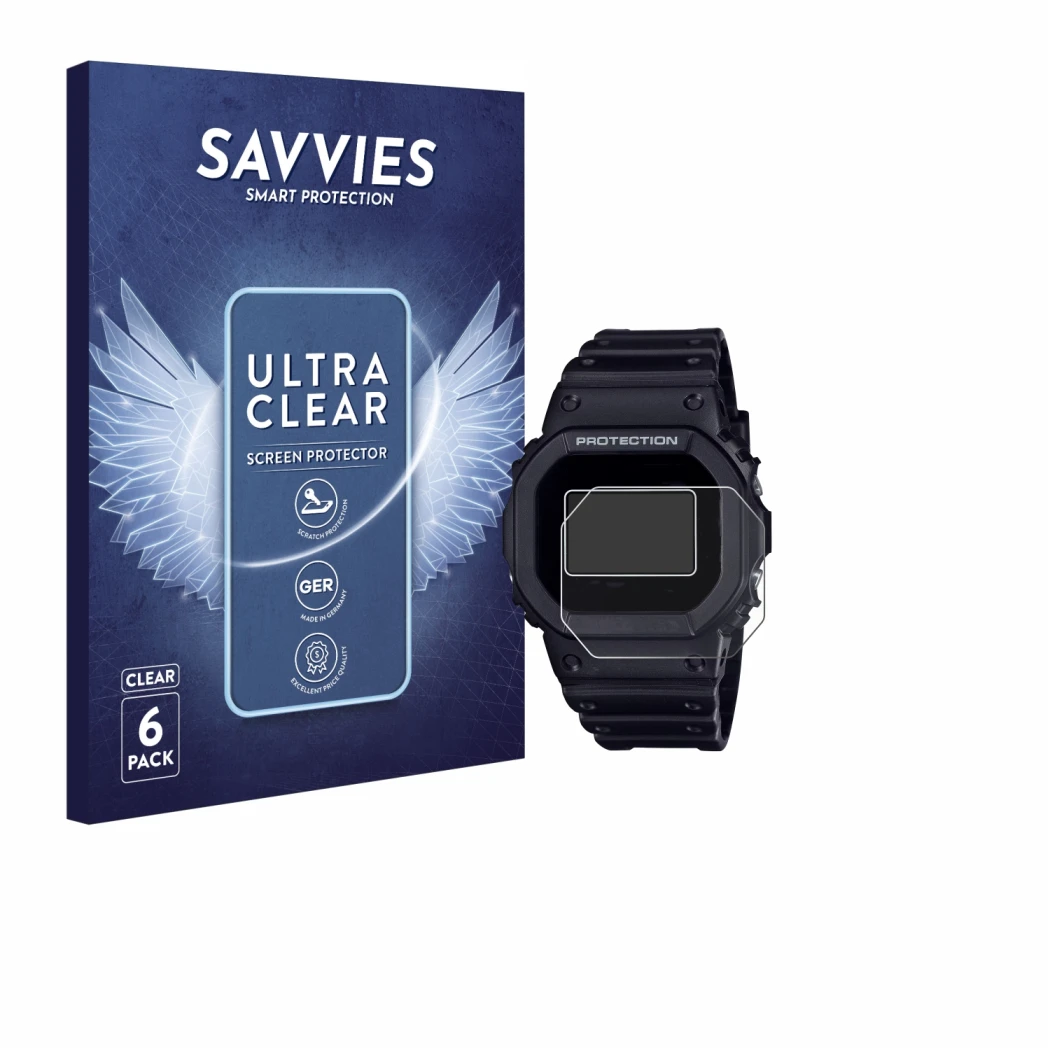 Parte frontale di una confezione del prodotto con il logo del marchio Savvies. Accanto è raffigurato il dispositivo Casio G-Sh