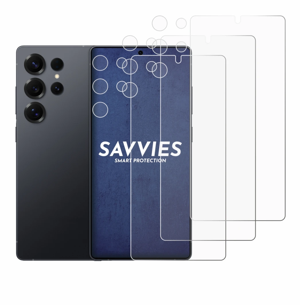 Immagine del dispositivo Samsung Galaxy S25 Ultra (Fronte+Fotocamera) con un'ampia varietà di protezioni per lo schermo.