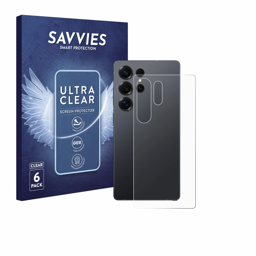 Parte frontale di una confezione del prodotto con il logo del marchio Savvies. Accanto è raffigurato il dispositivo Samsung Ga