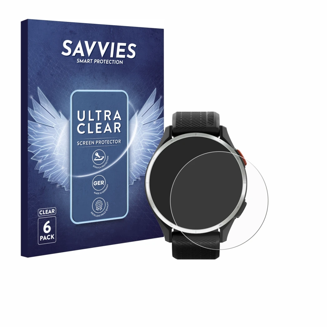 Parte frontale di una confezione del prodotto con il logo del marchio Savvies. Accanto è raffigurato il dispositivo Garmin App