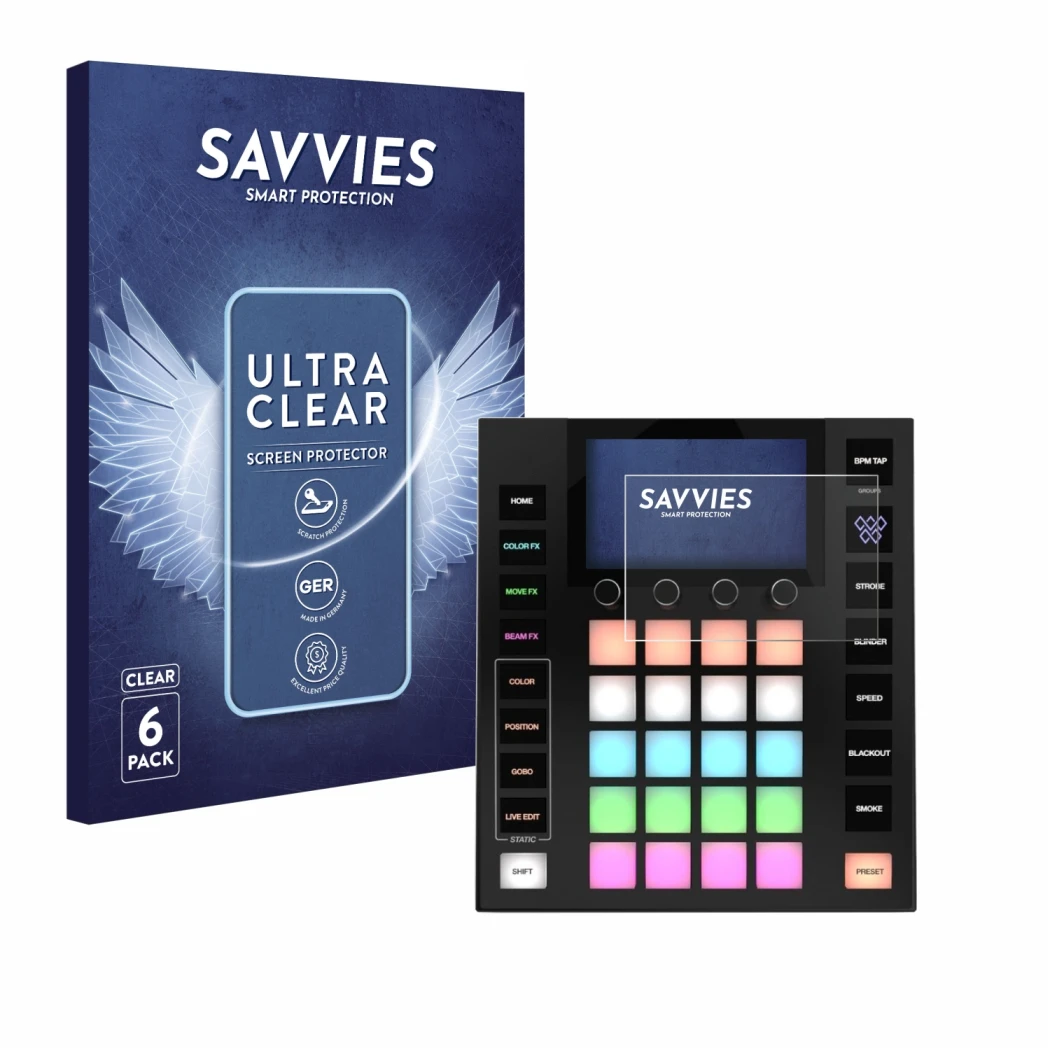 Parte frontale di una confezione del prodotto con il logo del marchio Savvies. Accanto è raffigurato il dispositivo Wolfmix W1