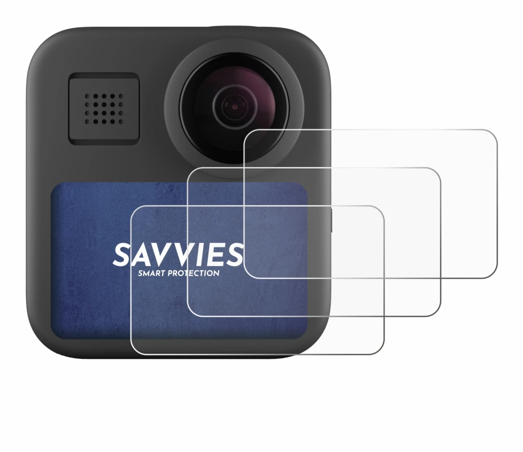 Immagine del dispositivo GoPro Max (2025) con un'ampia varietà di protezioni per lo schermo.