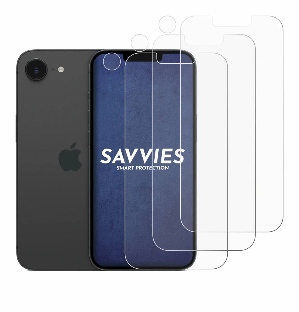 Immagine del dispositivo Apple iPhone 16e (Fronte+Fotocamera) con un'ampia varietà di protezioni per lo schermo.