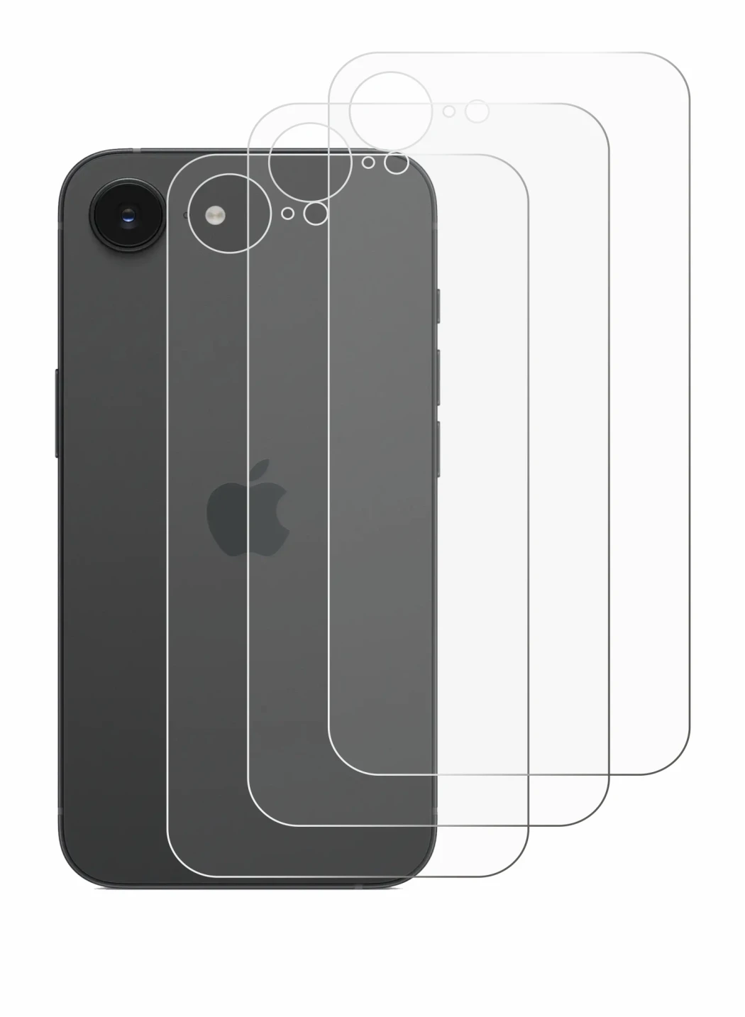 Immagine del dispositivo Apple iPhone 16e (Posteriore) con un'ampia varietà di protezioni per lo schermo.