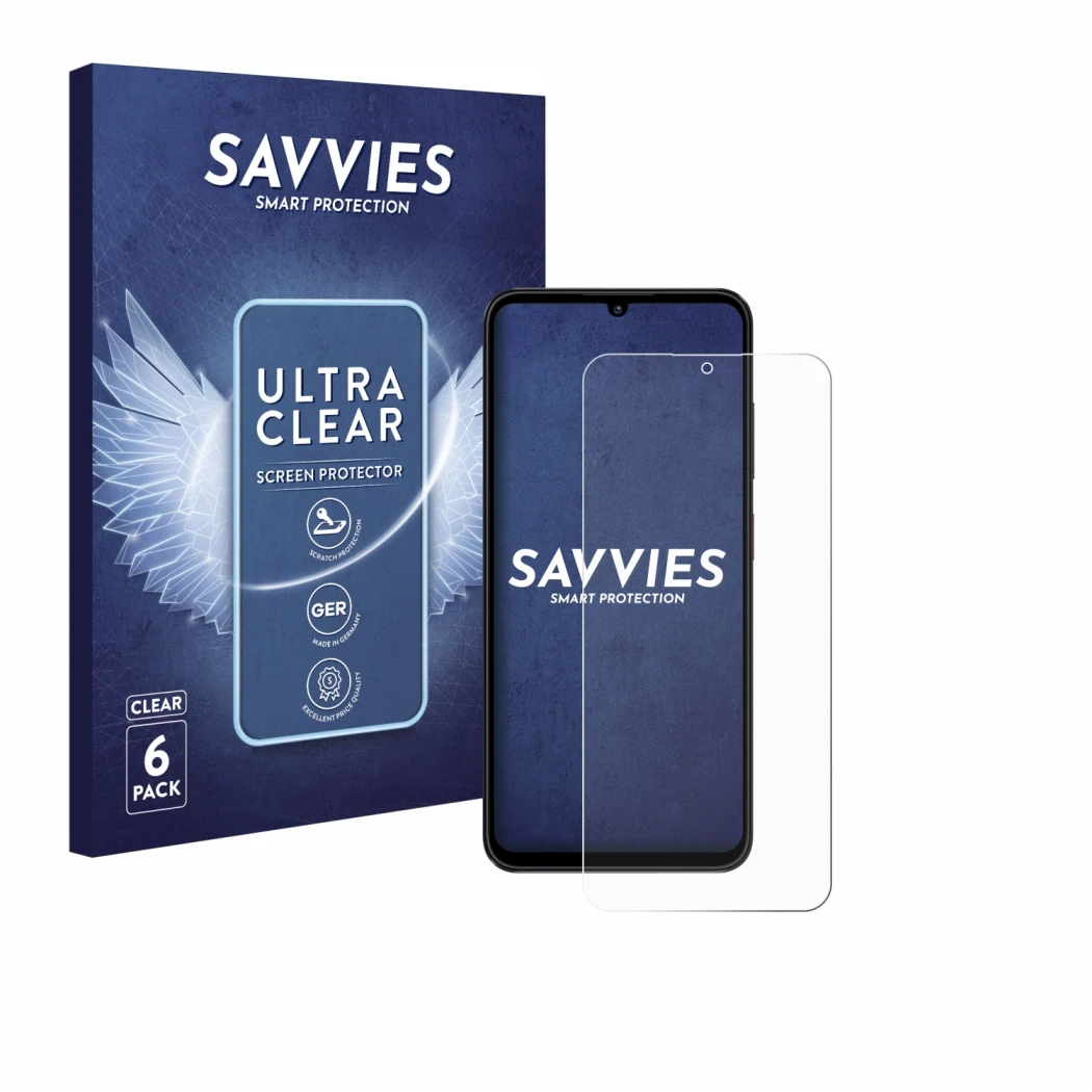 Parte frontale di una confezione del prodotto con il logo del marchio Savvies. Accanto è raffigurato il dispositivo ZTE Blade 